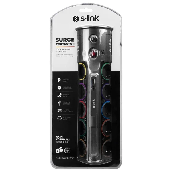 S-link Swapp SWV-PRZ010 1860 Joule USB'li 1.8 m 10'lu Akım Korumalı Priz - Görsel 5