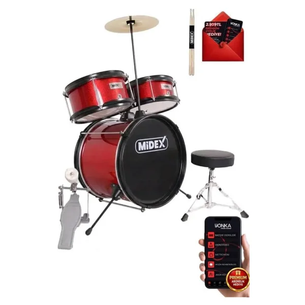 Midex CD300X-RD Kırmızı Akustik Çocuk Bateri Seti - Görsel 2