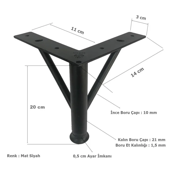 EYMEN YAPI 4 Adet Firkete Ayak Metal 20 Cm Mat Siyah Mobilya Koltuk Ayağı - Görsel 2