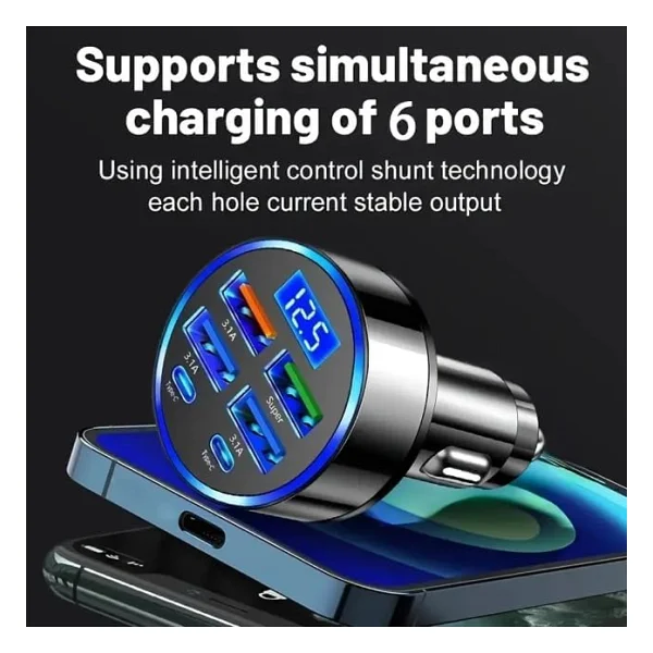 6 Portlu Hızlı Araç Şarj Cihazı - 4 Usb + 2 Type-C Çıkışlı Dijital Göstergeli Oto Şarjı - Görsel 3
