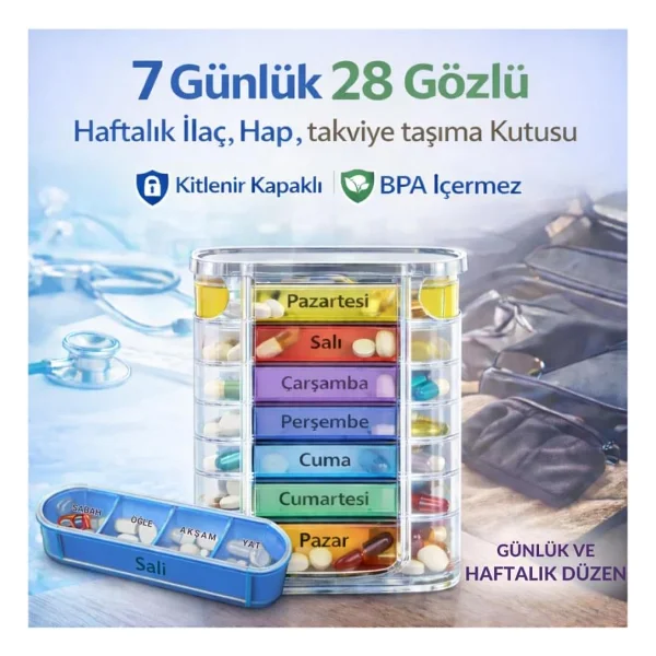 Coofbe BPA İçermez Haftalık İlaç Saklama Kutusu 4 Bölmeli 28 Gözlü Kilitli Kapaklı Hap İlaç Kutusu Karışık/Çok renkli - Görsel 2