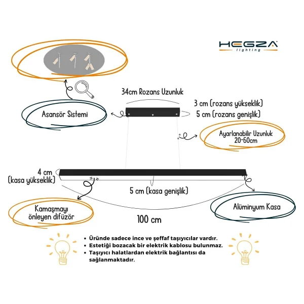 Hegza Lighting LİNEER-100 Ayarlanabilir Sarkıt LEDli Modern Siyah Led Avize (6500K (Beyaz Işık)) - Görsel 3