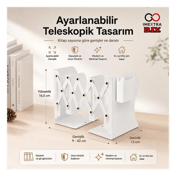 Ayarlanabilir Teleskopik Metal Kitap Tutucu, Masaüstü Kitap Desteği ve Raf Düzenleyici Stand, 9-42 cm Genişleyebilir, Mıknatıslı Kalemlik Hediyeli (Mavi) - Görsel 2