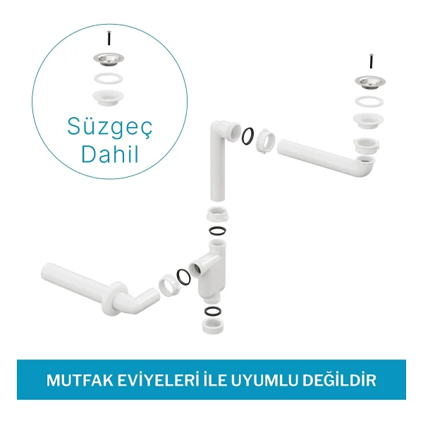 Aqua Bagno Comfort Yer Kazandıran Lavabo Sifonu ve Süzgeç - 2 Parça, Kolay Temizlenir, Ayarlanabilir Koku Önleyici Gider Borulu - 32 mm-Süzgeç Dahil - Görsel 3