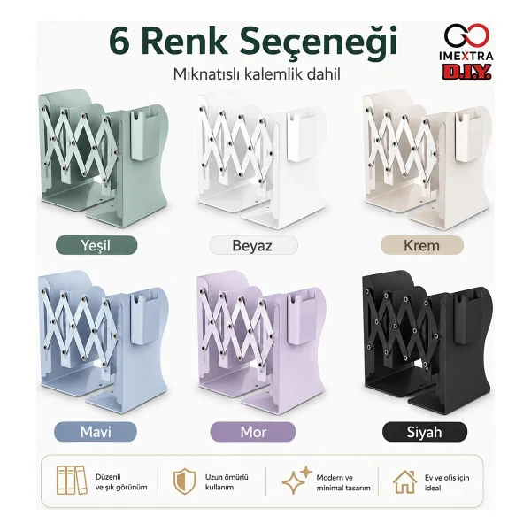 Ayarlanabilir Teleskopik Metal Kitap Tutucu, Masaüstü Kitap Desteği ve Raf Düzenleyici Stand, 9-42 cm Genişleyebilir, Mıknatıslı Kalemlik Hediyeli (Mavi) - Görsel 3