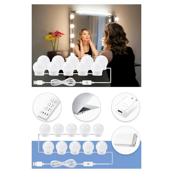Buffer Nostalji Hollywood Tarzı 10'lu Makyaj Masası Aynası Beyaz Led Işıklı Lamba Usb - Görsel 5