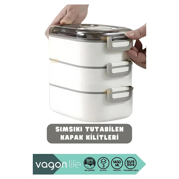Vagonlife Bento 1450 ml 3 Katlı 6 Bölmeli Çelik Beslenme Kutusu - Görsel 4