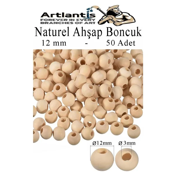 Naturel Ahşap Boncuk 12mm 50 li 1 Paket Ham Boyanabilir Ahşap Yuvarlak Doğal Boncuklar Takı Tasarım Ektinlik Kreş Okul - Görsel 2