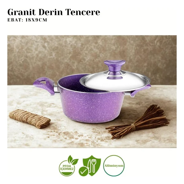 Arzu Çelik Kapaklı Violet 18 cm Derin Granit Tencere - Görsel 2