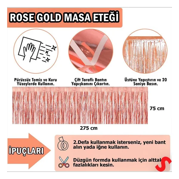 Parlak Saçaklı Işıltılı Masa Eteği 75cm X 275cm - Rose Gold - Görsel 2