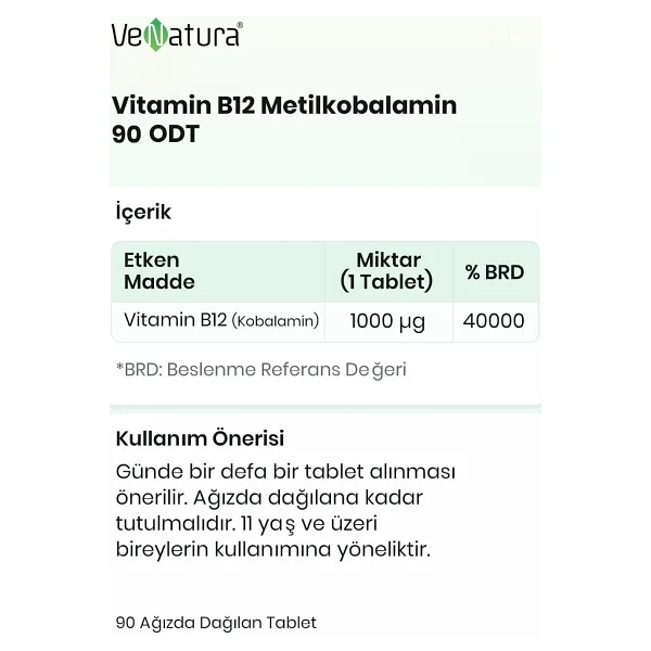 Venatura B12 Metilkobalamin ODT 90 Tablet - Görsel 2