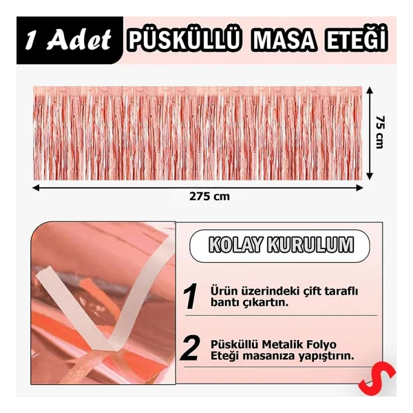Parlak Saçaklı Işıltılı Masa Eteği 75cm X 275cm - Rose Gold - Görsel 3