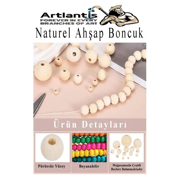 Naturel Ahşap Boncuk 26Mm 20 Li 1 Paket Ham Boyanabilir Ahşap Yuvarlak Doğal Boncuklar Takı Tasarım Ektinlik Kreş Okul - Görsel 3