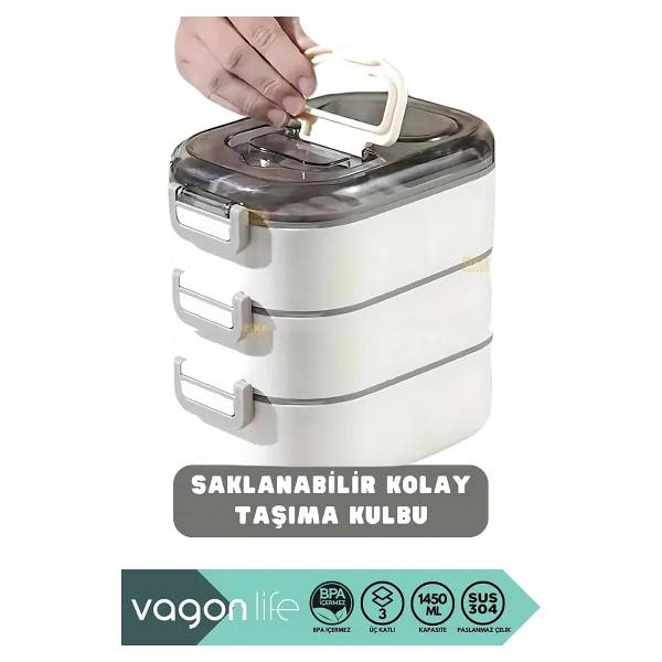 Vagonlife Bento 1450 ml 3 Katlı 6 Bölmeli Çelik Beslenme Kutusu - Görsel 3