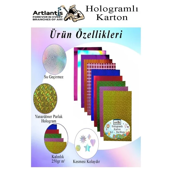 Hologramlı Karton 35X50 Cm 10 Renk 1 Paket Hulogramlı Fon Kartonu Kağıt Yanar Döner Parlak Hologram Okul Öncesi Kreş - Görsel 3