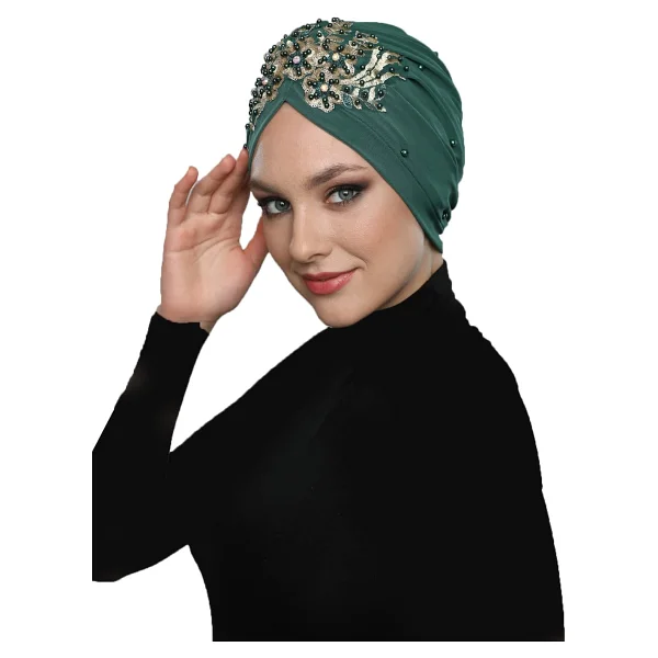 Kopma Astarlı İşlemeli Yeşil Sırma Motifli Hazır Türban Tesettür Abiye Bone Yeşil - Görsel 7