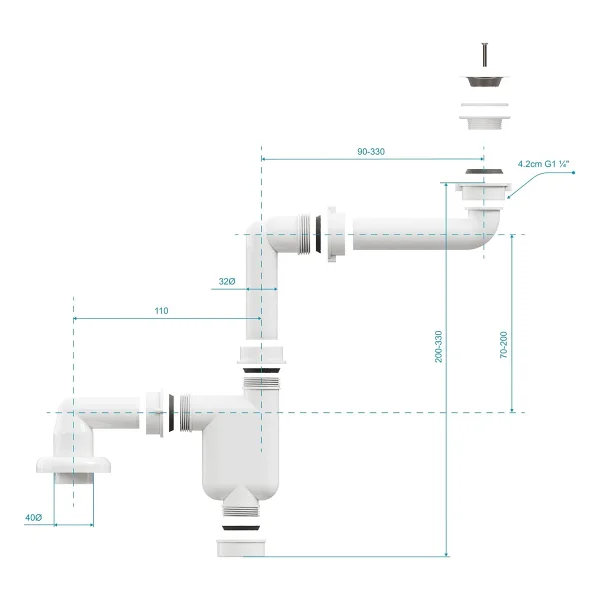 Aqua Bagno Comfort Yer Kazandıran Lavabo Sifonu ve Süzgeç - 2 Parça, Kolay Temizlenir, Ayarlanabilir Koku Önleyici Gider Borulu - 32 mm-Süzgeç Dahil - Görsel 5