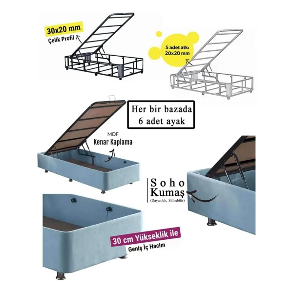 Niron Cozy 120x200 Tek Kişilik Yatak Seti - Mavi Kumaş Baza, Başlık Ve Yatak Takımı - Görsel 5