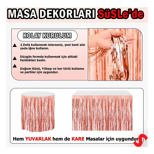 Parlak Saçaklı Işıltılı Masa Eteği 75cm X 275cm - Rose Gold - Görsel 4