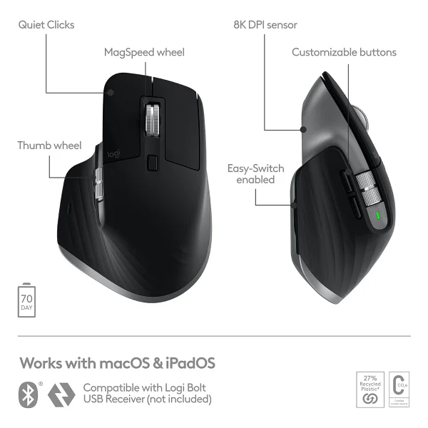 Logitech Mx Master 3S For Mac 910-006571 Siyah Şarjlı Sessiz Lazer Kablosuz Mouse - Görsel 7