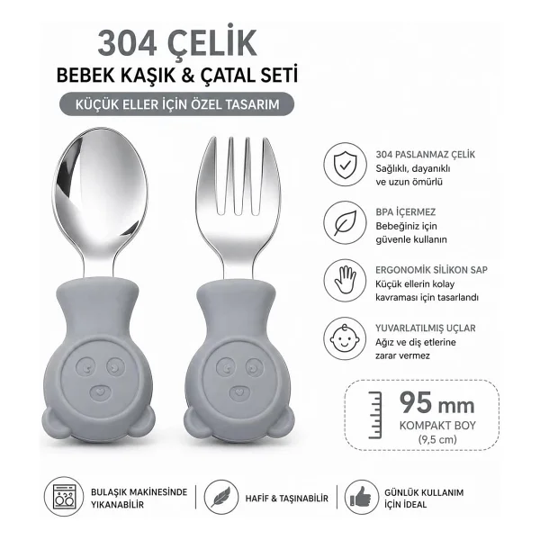 Valkyrie 304 Çelik Panda Bebek Kaşık Çatal SetiSilikon Saplı BPA İçermez Ergonomik Kaymaz Gri - Görsel 3