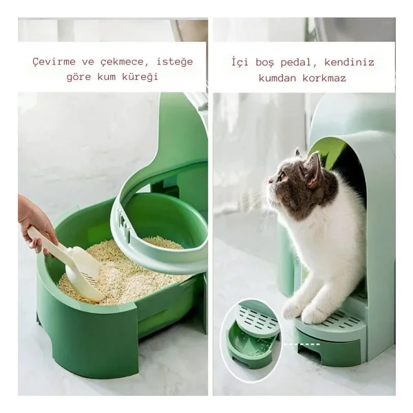 ShopFast Star Tüneli Çekmeceli Kedi Tuvaleti Kürek Hediyeli Kedi Kum Kabı Yeşil - Görsel 5