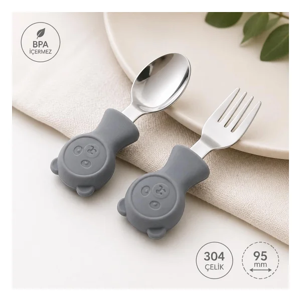 Valkyrie 304 Çelik Panda Bebek Kaşık Çatal SetiSilikon Saplı BPA İçermez Ergonomik Kaymaz Gri - Görsel 4