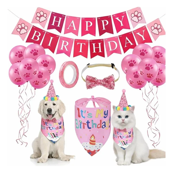 MADPET Evcil Hayvan Doğum Günü Süsleme Seti Mavi - Köpek ve Kedi için Birthday Party Konsept Paketi - Balon, Happy Birthday Banner, Bandana, Papyon, Şapka ve Parti Aksesuarları - Görsel 2