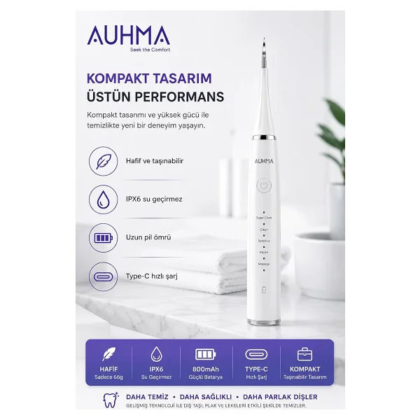 Ultrasonic Şarjlı Elektrikli Akıllı Diş Temizleme Cihazı Beyazlatıcı 5 Mod 3+1 Başlık, Ipx8 Su Geçirmez Beyaz - Görsel 5