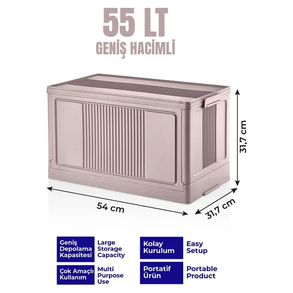 Deconox Dev Boy Katlanır Kilit Kapaklı Kasa 55 Litre Hacimli, Yer Kaplamayan Portatif Saklama Kutusu Ardiye, Balkon, Mutfak, Kiler, Bahçe ve Araç Bagajı İçin Güvenli Organizer (PEMBE) - Görsel 2