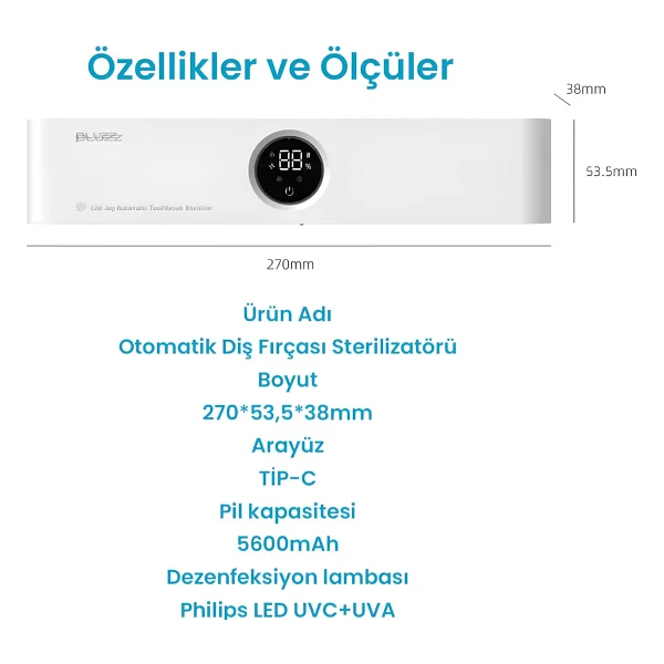 Pluzz Tam Otomatik Şarj Edilebilir Diş Fırçası Tutacağı ve Sensörlü Uv Sterilizatör - Mavi - Görsel 5