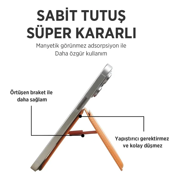 Bix TMW4 iPhone MagSafe Uyumlu Deri Cüzdan Manyetik Kartlık Standlı Katlanabilir Desert Gold - Görsel 7