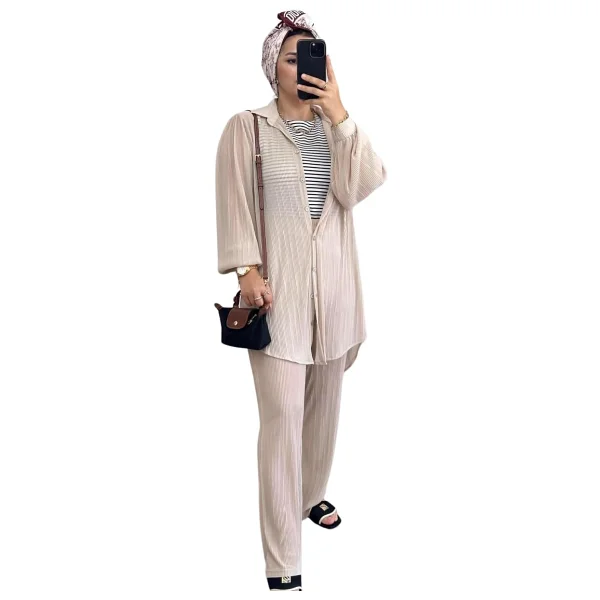 Kadın Pileli Saten Gömlekli İkili Alt Üst Takım,Tesettür Giyim - Bej Asel-F3103 / L/XL - Görsel 7