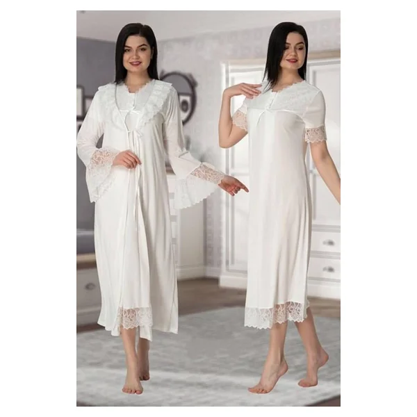 Kadın Ekru Dantelli Hamile Lohusa Sabahlıklı Gecelik Takım, L, HW5045EF-869BST0015268 - Görsel 2