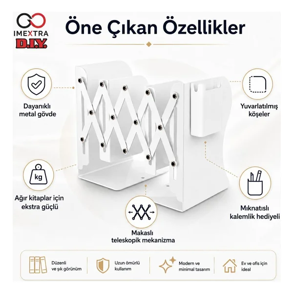 Ayarlanabilir Teleskopik Metal Kitap Tutucu, Masaüstü Kitap Desteği ve Raf Düzenleyici Stand, 9-42 cm Genişleyebilir, Mıknatıslı Kalemlik Hediyeli (Mavi) - Görsel 4