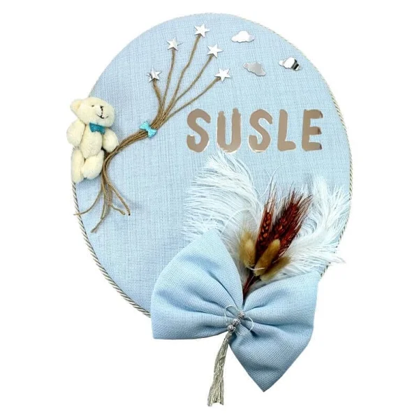 SüSLe Bebek ve Parti Kuru Çiçek Tanzimli, Ayıcıklı, Isimli Oval Kapı Süsü, Mavi - Görsel 8