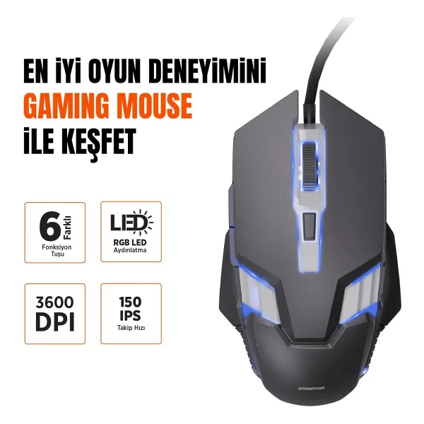 Polosmart Pgm37 Kablolu Rgb Led Aydınlatmalı 6 Tuşlu 3600Dpı Gaming Oyuncu Mouse Siyah - Görsel 3