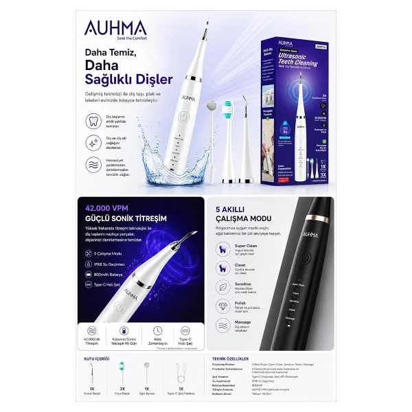 Ultrasonic Şarjlı Elektrikli Akıllı Diş Temizleme Cihazı Beyazlatıcı 5 Mod 3+1 Başlık, Ipx8 Su Geçirmez Beyaz - Görsel 3