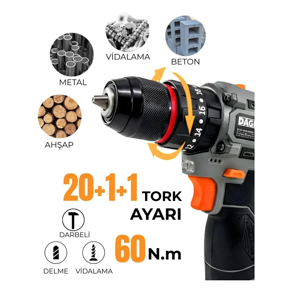 Dager BOLT 16.8V Kömürsüz Darbeli Şarjlı Matkap Vidalama Seti 60Nm Çift Akü + 85 Parça Aksesuar + Hızlı Şarj Gri - Görsel 3