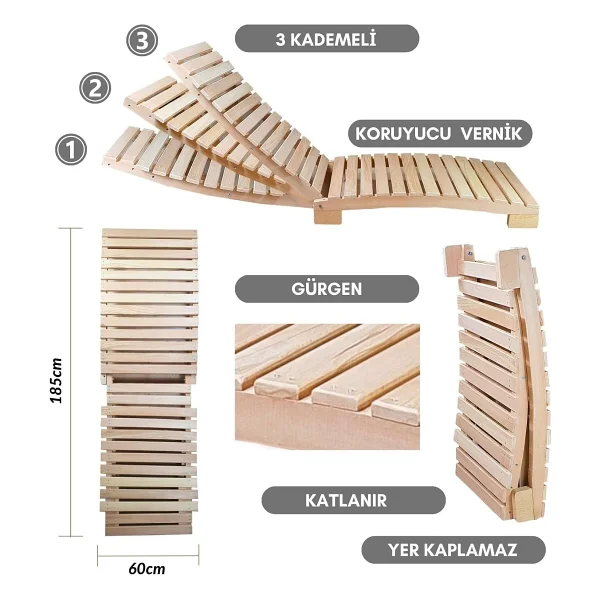 BySay 3 Kademe Ahşap Katlanır Şezlong - Görsel 5