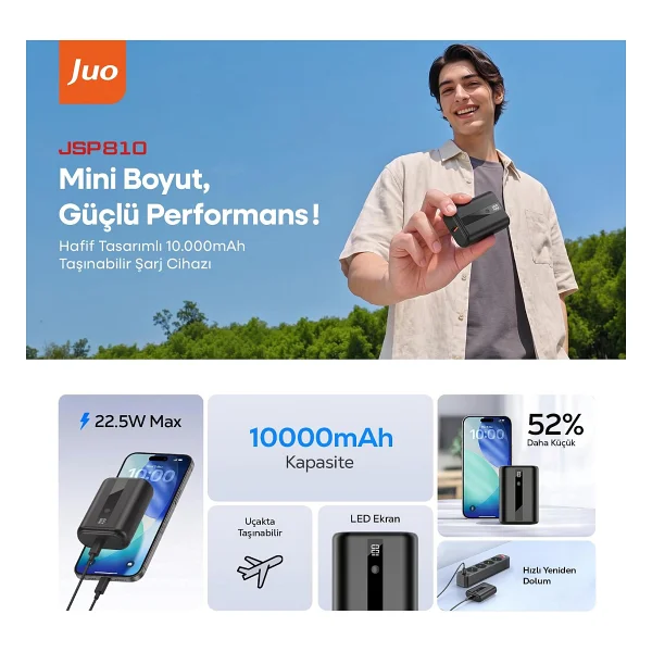 Juo 22.5w 10000mah Led Ekranlı Mini Powerbank Taşınabilir Hızlı Şarj Cihazı - Görsel 2