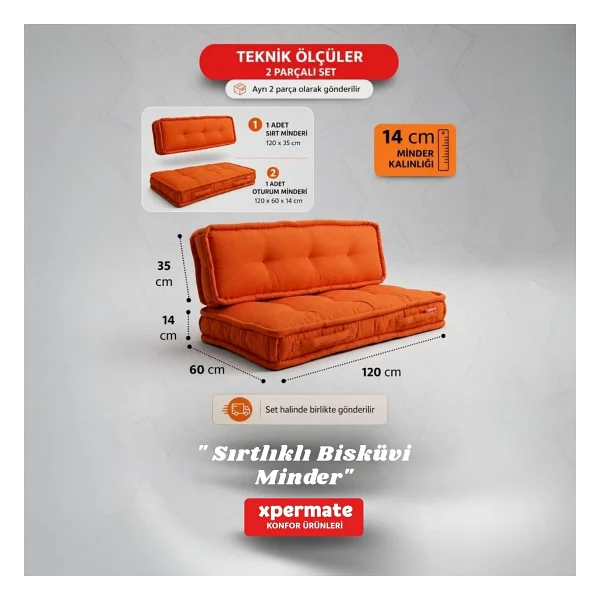 XPERMATE Bisküvi Minder Petek Önü Palet Üstü Minderi Fransız Minder Bank ve Bahçe Minderi 60X120x14 cm (KİREMİT) - Görsel 3