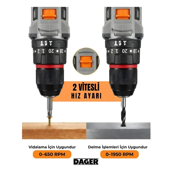 Dager BOLT 16.8V Kömürsüz Darbeli Şarjlı Matkap Vidalama Seti 60Nm Çift Akü + 85 Parça Aksesuar + Hızlı Şarj Gri - Görsel 4
