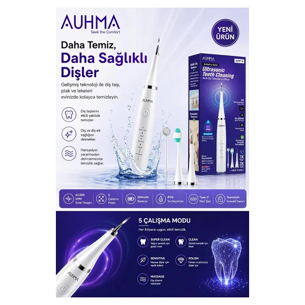Ultrasonic Şarjlı Elektrikli Akıllı Diş Temizleme Cihazı Beyazlatıcı 5 Mod 3+1 Başlık, Ipx8 Su Geçirmez Beyaz - Görsel 2