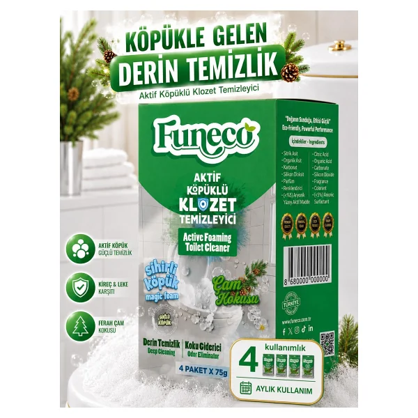 FUNECO Klozet Tuvalet Wc Temizleyici, Aktif Köpüklü, Ekolojik Doğa Dostu, Çam Ferahlığı, Aylık Paket - Görsel 6
