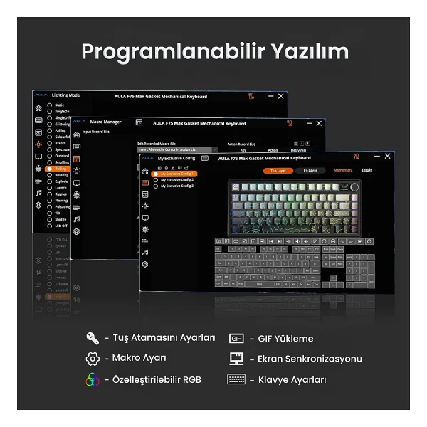 Aula F75 Max Mekanik RGB TKL Reaper Switch Kablosuz Makrolu Hot Swap Klavye Desenli Gri - Görsel 7