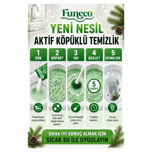 FUNECO Klozet Tuvalet Wc Temizleyici, Aktif Köpüklü, Ekolojik Doğa Dostu, Çam Ferahlığı, Aylık Paket - Görsel 2