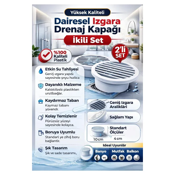2 Li Yuvarlak Gider Süzgeci ve Koku Önleyici Kapak, Banyo, Mutfak, Duş ve Zemin Giderlerinde Kullanıma Uygun, 10 cm Çap, Dayanıklı Plastik, Saç ve Atık Tutucu Izgaralı Tasarım, Kolay Temizlik - Görsel 2