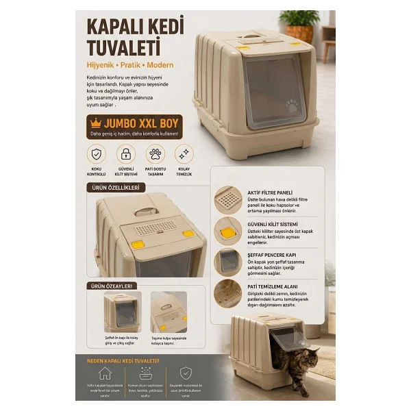 Jumbo Dev Büyük Boy Kapalı Kedi Tuvaleti, Filtreli ve Kürek Hediyeli, 67,5x47x51 cm - VN11095 - Görsel 3