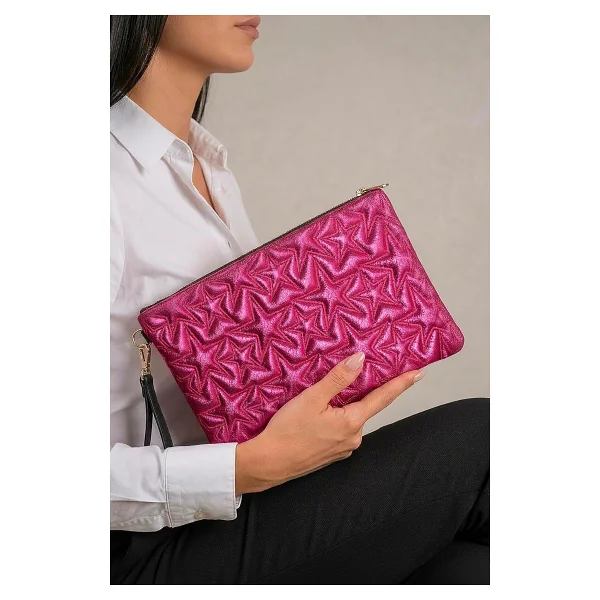 Ecrou Yıldız Desenli Fuşya Parlak Portföy & Clutch Çanta Çıkarılabilir Bileklik Askılı 30 x 19 cm - Görsel 2